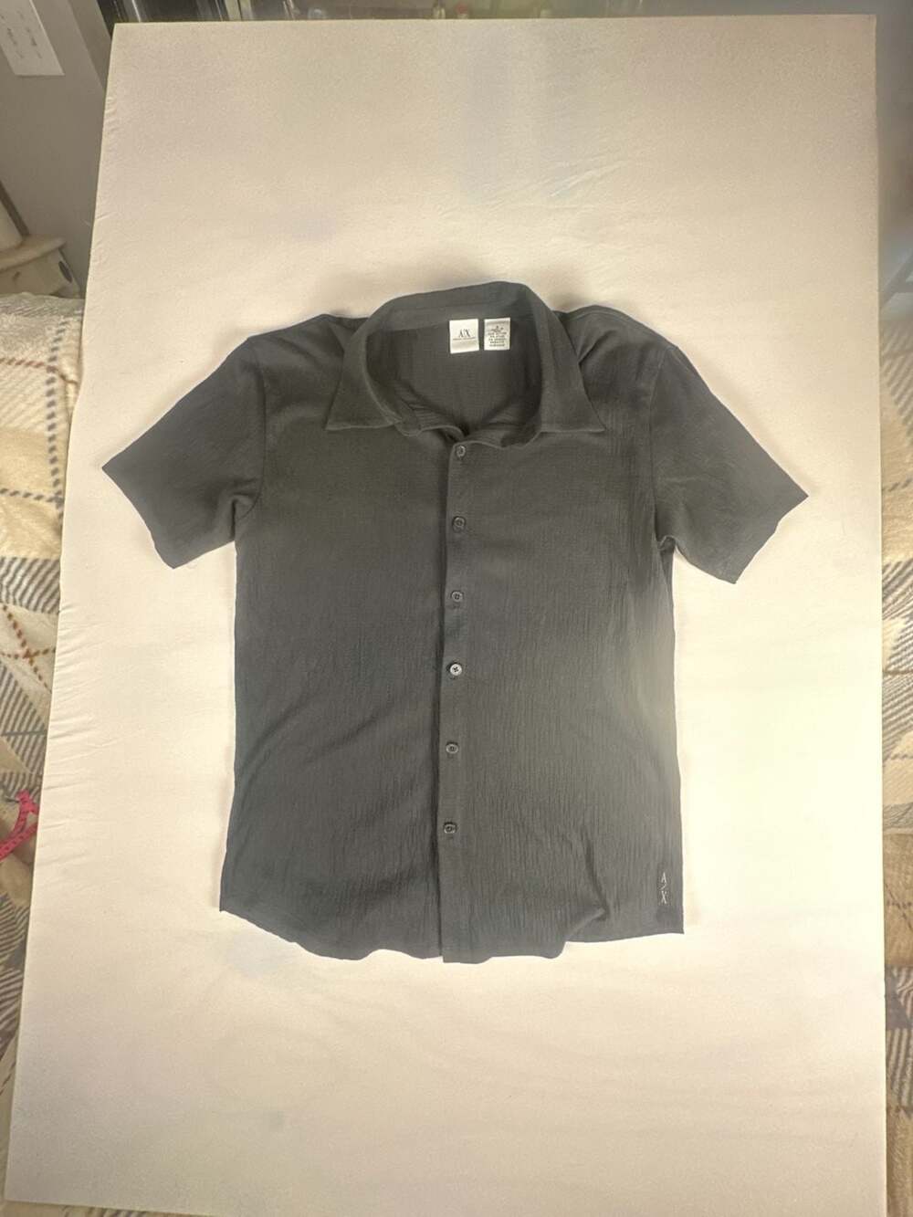 Armani Exchange Men's Black Textured Short Sleeve Button-Up Shirt#1081